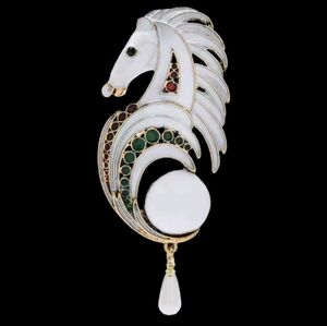 White Enamel Multicolored Horse Head Brooch Pin With Faux Pearl Tassel